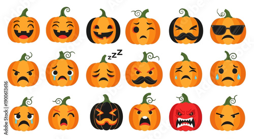 A collection of cartoon pumpkins displaying a wide range of emotions and facial expressions, perfect for Halloween.