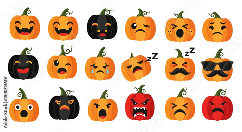 A collection of various Halloween pumpkin emojis displaying a wide range of emotions and expressions, including happy, sad, angry, sleepy, and surprised faces.