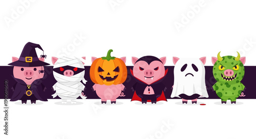 Six cute cartoon pigs dressed in various Halloween costumes like witch, mummy, pumpkin, vampire, ghost, and monster, standing in a row.