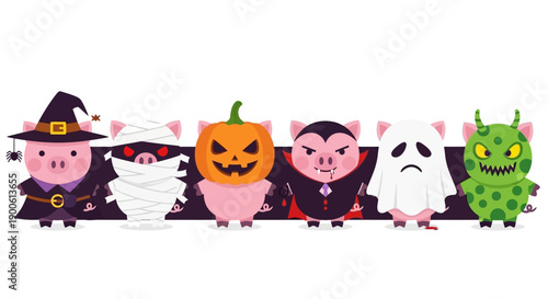 Six cute cartoon pigs dressed in various Halloween costumes including witch, mummy, pumpkin, vampire, ghost, and monster, standing in a row.