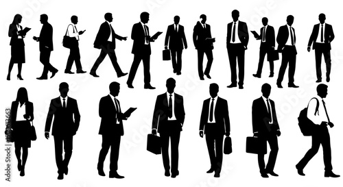 Collection of black silhouettes depicting various business people in professional attire walking and standing.