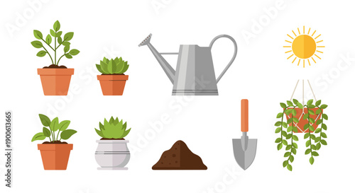 Potted plants and gardening tools flat design collection
