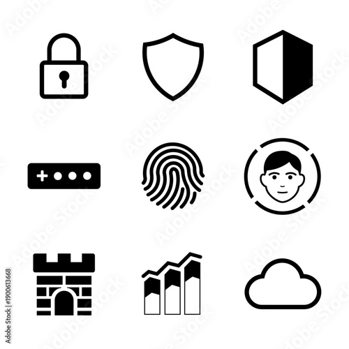 Cyber security and biometric authentication icon set for digital privacy protection systems.