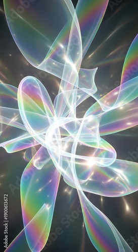 Abstract luminous ribbons swirl with iridescent colors against a dark background