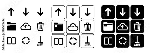 Collection of interface icons with three different styles including outline and solid versions for web design.