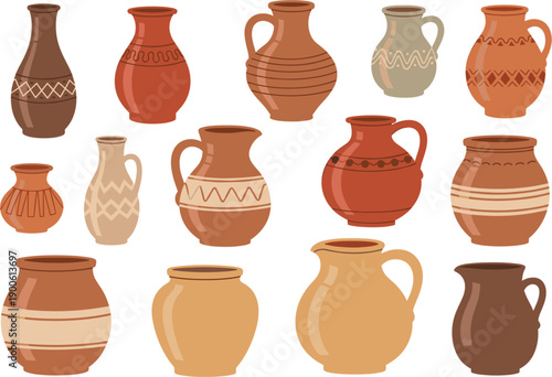 Ancient pottery and ceramic vase collection with traditional clay jars isolated flat vector illustration set