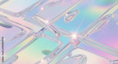 Numerous iridescent, glossy forms overlap in a vibrant, abstract composition.