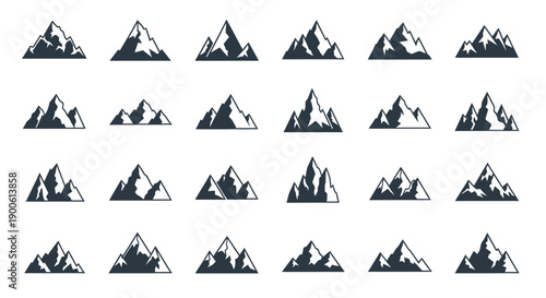 Collection of stylized mountain range icons in various shapes and sizes, representing natural landscapes.
