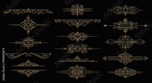 A collection of ornate, vintage-style decorative borders and dividers in a rich, antique gold color against a stark black background.