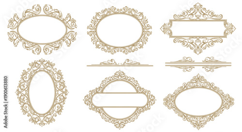 Ornate vintage gold frames and decorative dividers with intricate scrollwork and floral motifs on a white background.