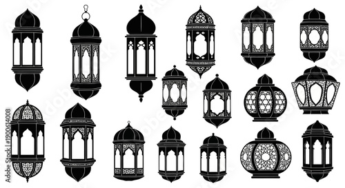 Collection of black silhouette traditional Arabic and Islamic lanterns with intricate designs.