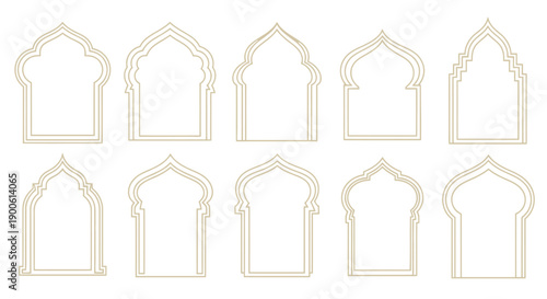 Set of ten elegant Islamic and Moroccan architectural arch frames with intricate details and diverse shapes.