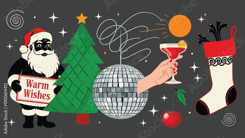 Flat vector illustration of vintage Christmas party elements with Santa Claus, disco ball, Christmas tree, cocktail, and stocking on background.