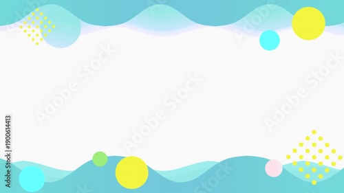 Pastel blue fluid wave frame with colorful geometric shapes.