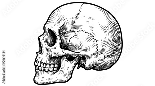 Detailed Engraving of a Human Skull in Profile View.