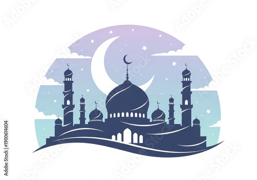 Elegant mosque silhouette at dusk with prominent crescent moon and scattered stars creating a tranquil scene