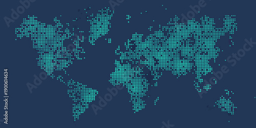 A world map created from vibrant teal colored pixelated dots
