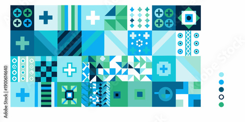 Abstract geometric pattern with plus signs squares and varying shades of blue and green