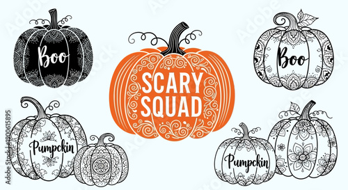 A collection of decorative pumpkins with intricate patterns and Halloween-themed words like "Boo" and "Pumpkin".