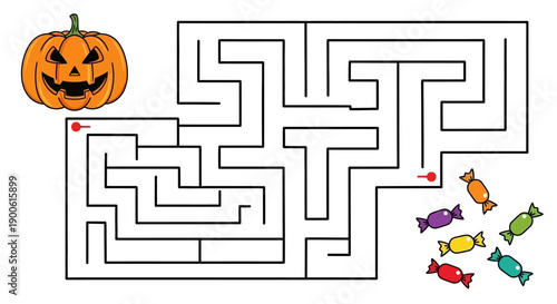 A Halloween-themed maze with a jack-o'-lantern at the start and candy at the end.