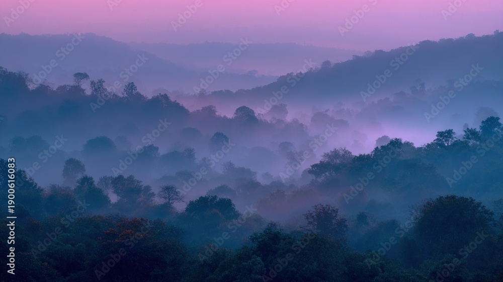 Obraz premium Misty forest layers fading into soft purple twilight haze