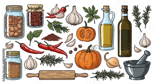 A vibrant collection of fresh ingredients and kitchen tools, including pumpkins, chili peppers, garlic, herbs, olive oil, and a mortar and pestle.