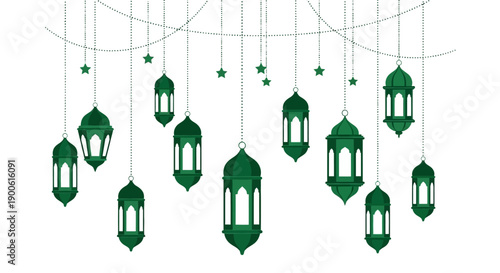 A collection of green Islamic lanterns and stars hanging from strings against a white background.