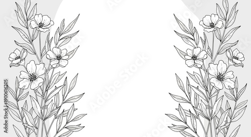 Elegant black and white illustration of delicate flowers and leaves arranged symmetrically on a light gray background.