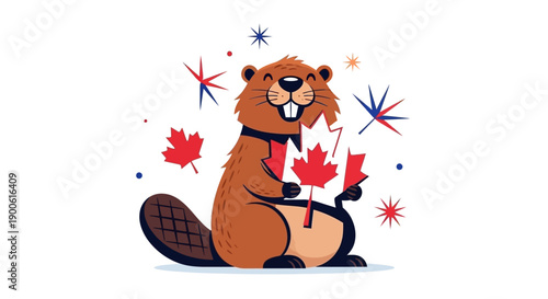 A cheerful cartoon beaver wearing a bow tie and holding Canadian maple leaves, celebrating with fireworks.