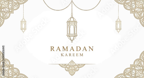 Elegant Ramadan Kareem greeting with hanging lanterns and decorative elements.