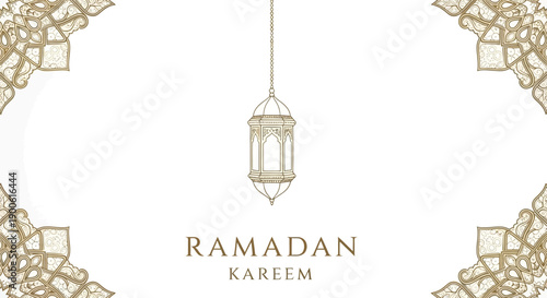 Elegant Ramadan Kareem greeting with a hanging lantern and decorative corners.