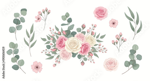 A beautiful watercolor illustration of a floral arrangement featuring pink and white roses with eucalyptus leaves.