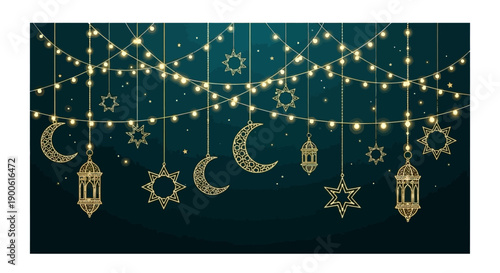 Elegant Islamic New Year or Ramadan decoration with hanging crescent moons, lanterns, and stars illuminated by fairy lights against a dark teal background.