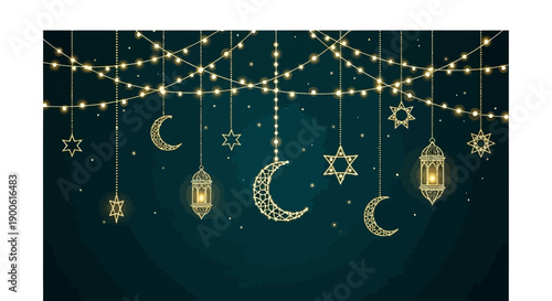 Festive Islamic decorations with crescent moons, stars, and lanterns illuminated by fairy lights against a dark teal background.