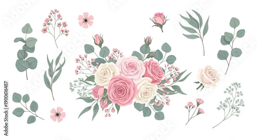 A beautiful arrangement of pink and white roses with eucalyptus leaves and small pink flowers, perfect for wedding invitations or floral designs.