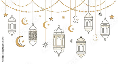 Elegant Islamic Ramadan lanterns and crescent moons with stars hanging on a string of beads.