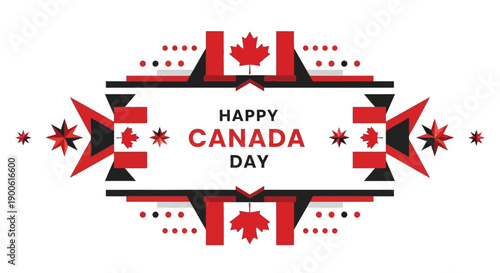 Happy Canada Day decorative banner with maple leaves and geometric patterns.
