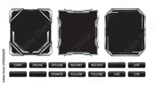 Collection of futuristic digital interface elements including three distinct frames and multiple interactive buttons for gaming or streaming.