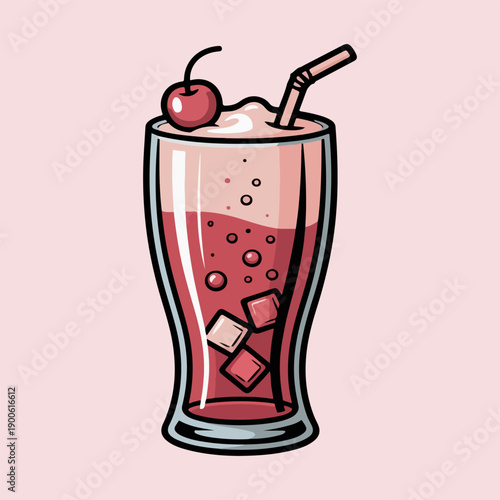 Cherry Cream Soda Vector Illustration of Sweet Fizzy Pink Beverage with Cherry and Ice