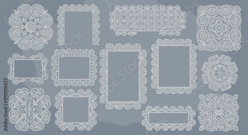 Collection of intricate white lace frames and decorative elements on a textured blue background.