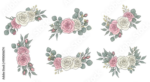 A collection of delicate floral arrangements featuring soft pink and cream roses with eucalyptus leaves, presented in a variety of elegant compositions.