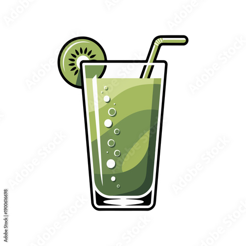Kiwi Mint Drink Vector Illustration of Refreshing Green Fruit Juice with Kiwi Slice and Straw