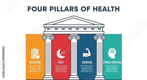 Infographic illustrating the Four Pillars of Health: Nutrition, Rest, Exercise, and Stress Control, represented by columns supporting a classical building.