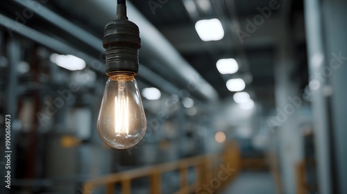 A single glowing incandescent bulb hangs in a dimly lit industrial facility