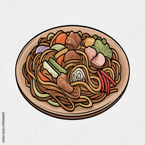 Yakisoba Vector Illustration of Japanese Stir Fried Noodles with Vegetables and Meat