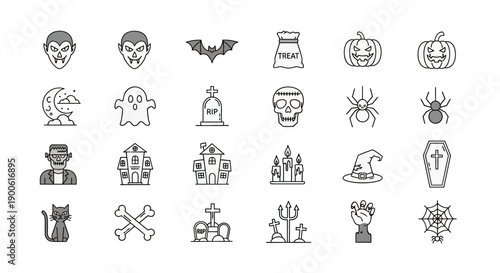 A collection of 24 line art icons representing various Halloween themes, including spooky creatures, haunted houses, and holiday symbols.