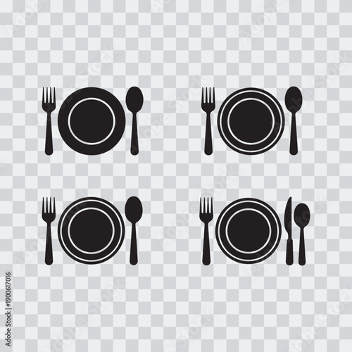 Four black and white sets of dinnerware featuring plates, forks, knives, and spoons isolated on transparent background