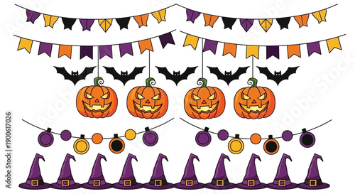 A collection of Halloween-themed decorations including pumpkins, bats, witch hats, and bunting flags.