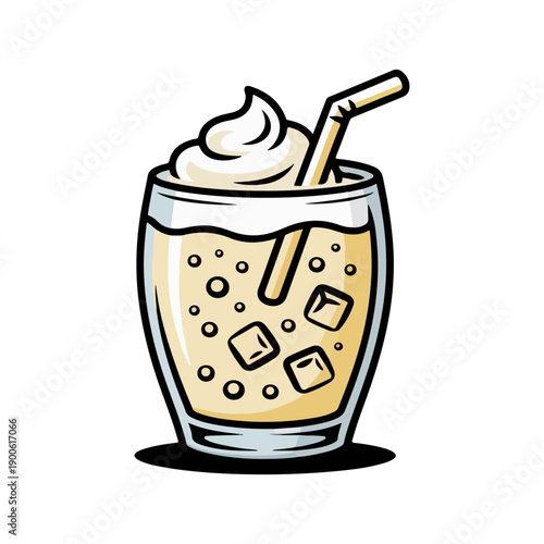 Vanilla Cream Soda Vector Illustration of Sweet Fizzy Beverage with Whipped Cream and Ice