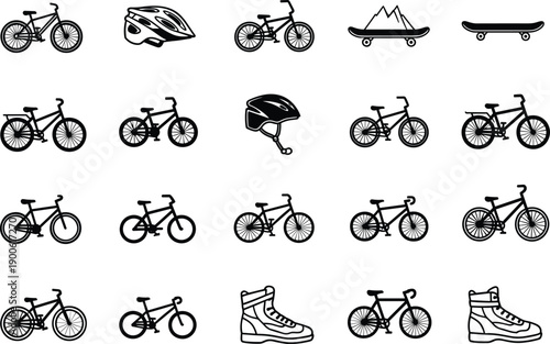Set of black bicycle icons including mountain bike road cycle and bmx plus skating gear like skateboard helmet and athletic shoes for urban sports.